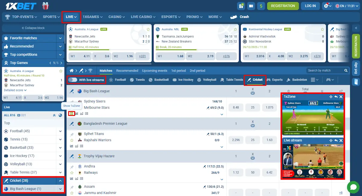 1xBet Cricket Live Betting Screenshot